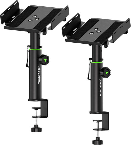 Set of 2 Dual Side Clamping Studio Monitor Stands Desk Clamp Speaker Stands 0-12°Tilt Height Adjustable Extendable Top Plate Mounted by Screws