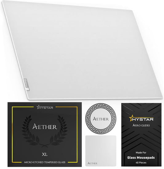 Hystar Aether Glass Gaming Mousepad | Micro-Etched Tempered Glass | Quiet, Ultra-Fast Glide | Full Anti-Slip Silicone Backing (White, X-Large)