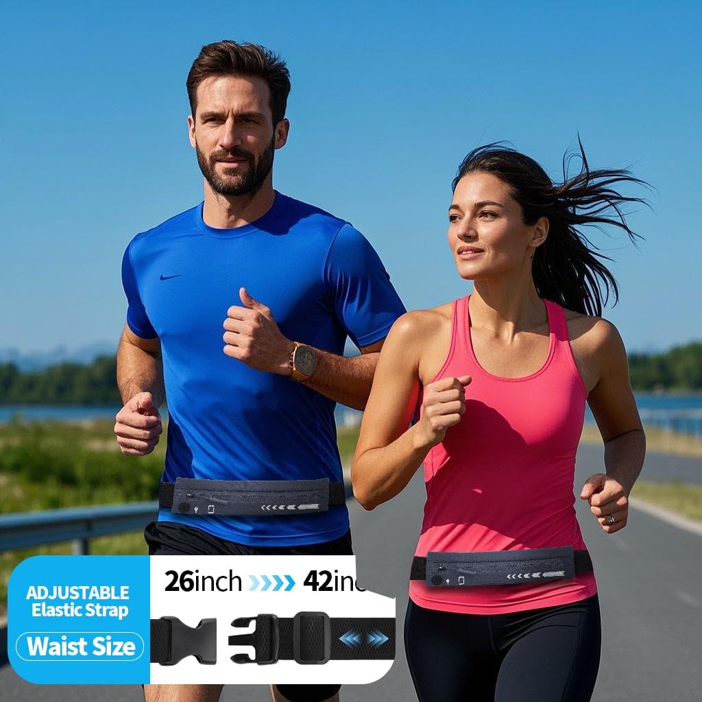 USHAKE Slim Running Belt for Women Men-Runners Phone Holder Fanny Pack, Adjustable, Bounce Free Waist Pouch bag for Workout, Money Belt, Run Gear Accessories Dark Grey