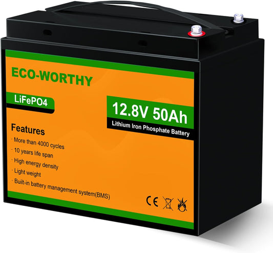 ECO-WORTHY 12V 50Ah Trolling Motor LiFePO4 Lithium Battery with BMS, 3000~15000 Times in Deep Cycle, for 30~50lb Trolling Motor, Travel Trailer, RV, Marine, Solar, Power Wheel Chair
