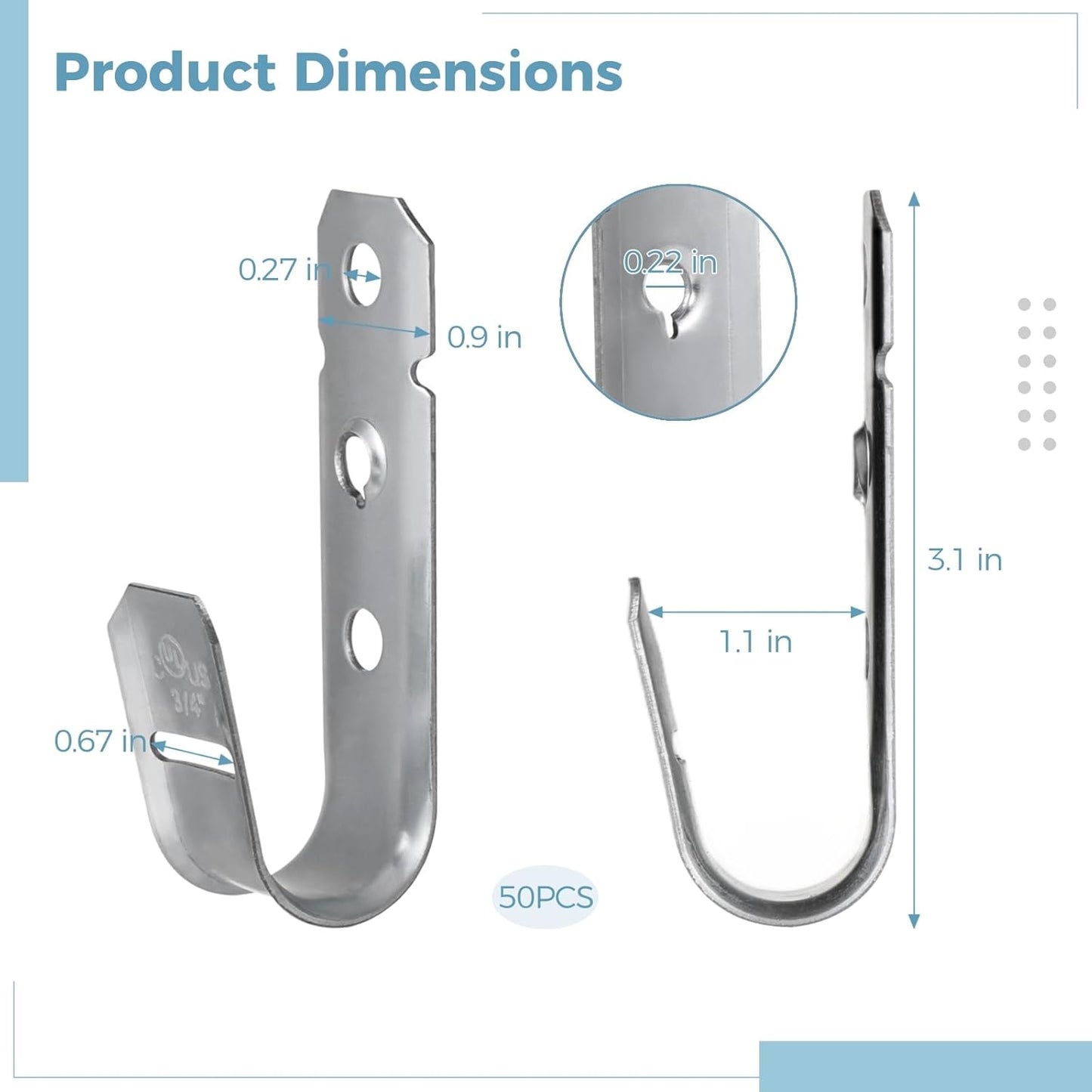 OMISTAR 50 PCS Cable Support J Hooks, 3/4 in Cable Management Brackets, Heavy Duty Galvanized Iron Wire Hooks for Network Cables, Fiber Optics, Rust-Resistant for Outdoor Use