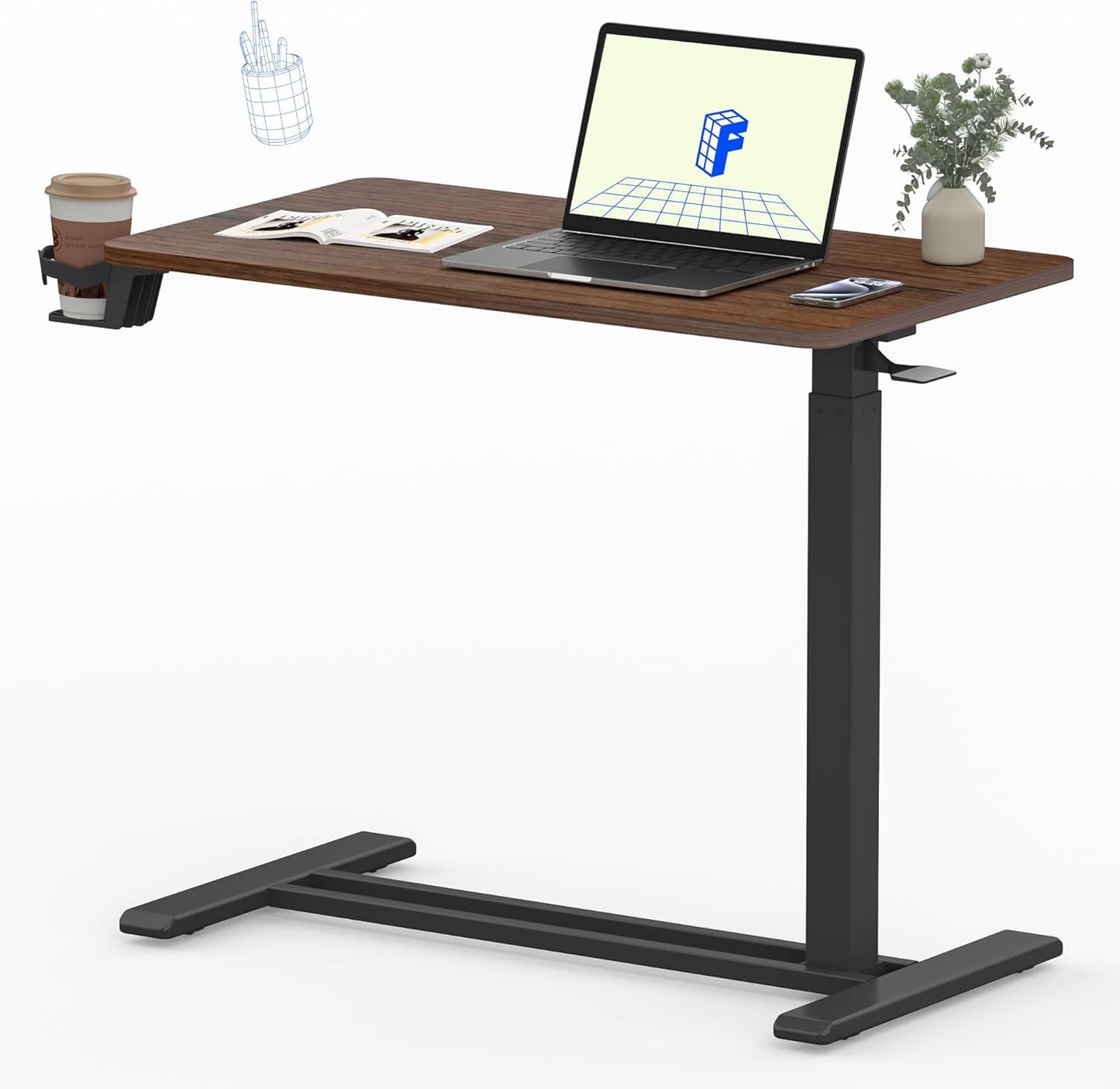FLEXISPOT Mobile Standing Desk with Wheels Pneumatic Laptop Desk Rolling Computer Cart Movable Height Adjustable Small Sit Stand Desk Computer Workstations Home Use(31.5" W x 17.7" D, Mahogany)
