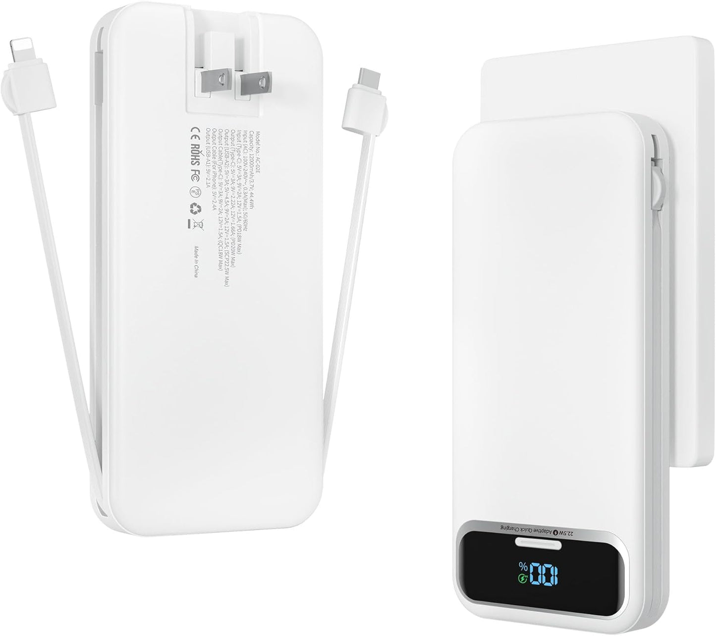 12000mAh Lightweight-Portable-Charger-Power-Bank with Built-in Cables and AC Wall Plug, PD20W USB-C Fast Charging Battery Pack, LED Display External Travel Phone Charger for All iPhone,Samsung,Android