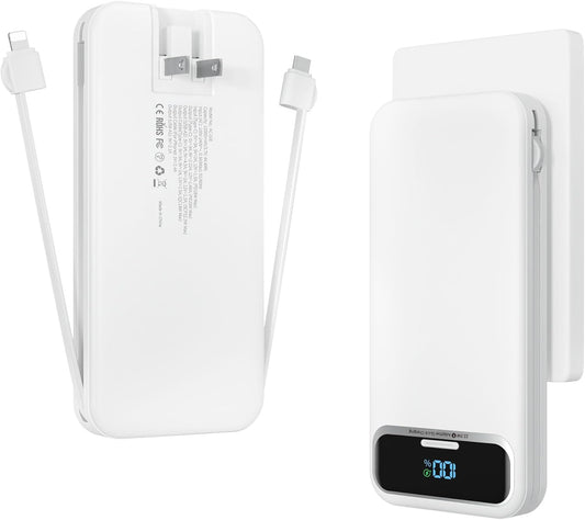 12000mAh Lightweight-Portable-Charger-Power-Bank with Built-in Cables and AC Wall Plug, PD20W USB-C Fast Charging Battery Pack, LED Display External Travel Phone Charger for All iPhone,Samsung,Android