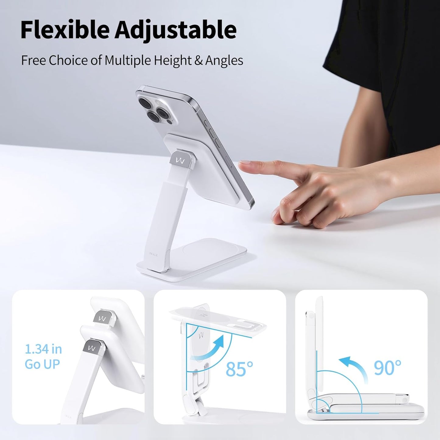 iWALK Magnetic Cell Phone Stand for Desk, Angle and Height Adjustable Mobile Phone Holder, Foldable Magnet Stand for iPhone 16 15 14 13 12 Pro Max and iPad, Cell Phone Holder for Samsung Galaxy, White
