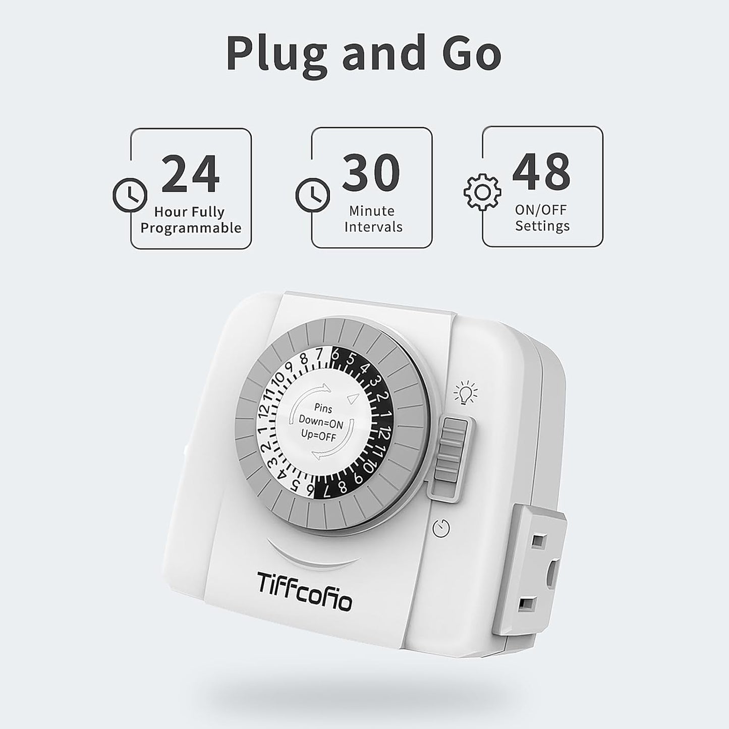 TiFFCOFiO Indoor Mechanical Light Timer, 3 Prong Plug in Timer Switch, 2 Grounded Outlets for Lamps Indoor, ETL Listed,15A/1875W