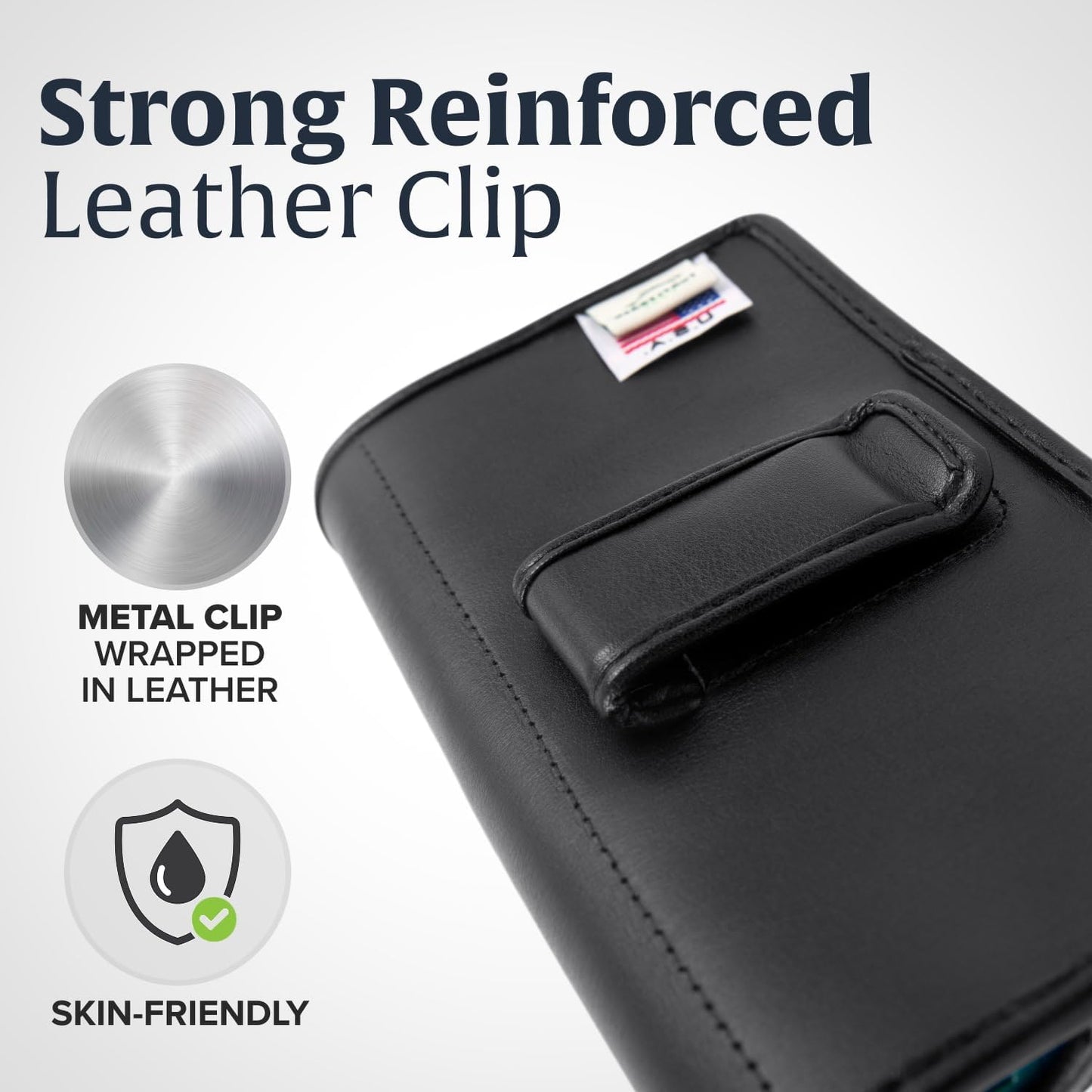 Turtleback Belt Holder for iPhone 16 Pro, 16e, 15 pro 14 Pro 13 Pro -Small- Fits w/Slim MagSafe Style Cases, Premium Black Leather Horiz. Belt Holster, Magnetic Closure, Leather Wrapped Belt Clip