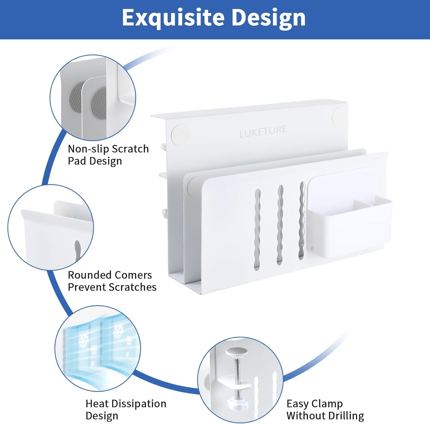 LUKETURE Laptop Holder, Steel Desk Side Storage, No Drill Standing Desk Accessories, Clamp on Laptop Mount with Pen Holder, Fits Flat Edge Tables 0.3" to 2.8" (White, L(2 Tier))