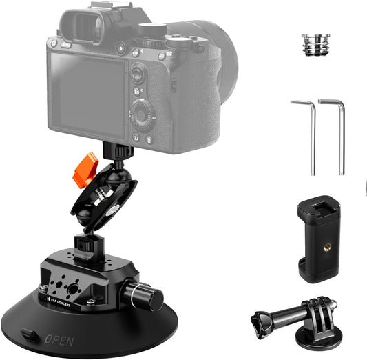 K&F Concept 6" Suction Cup Camera Mount with Magic Arm, ARRI Style 1/4" 3/8" Threads, Quick Release Car Mount for DSLRs Action Camera Phone Video Shooting Compatible with Hero 13 12 DJI Insta360