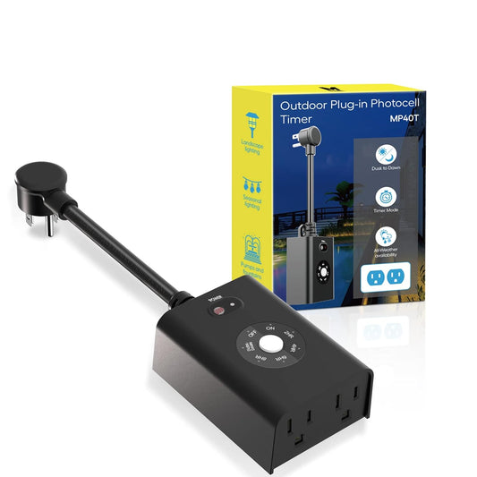 Minoston Outdoor Timer Outlet Waterproof, Dusk to Dawn Photocell Light Sensor Socket, 2/4/6/8 Hours Cutdown Timer, 2 Grounded Outlets for Christmas and Hallowen Deceration, Black(MP40T)