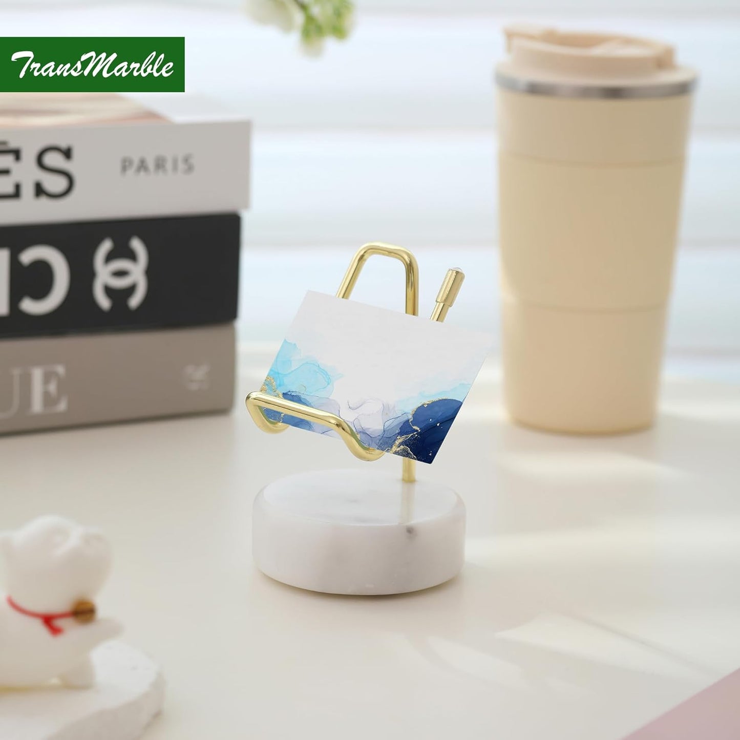 Marble Phone Stand with Metal Holder, Charging Available While Using, Swipe Up to Unlock, Made of Natural Marble as Business Card Holder for Office Desk (Starry White + Gold)