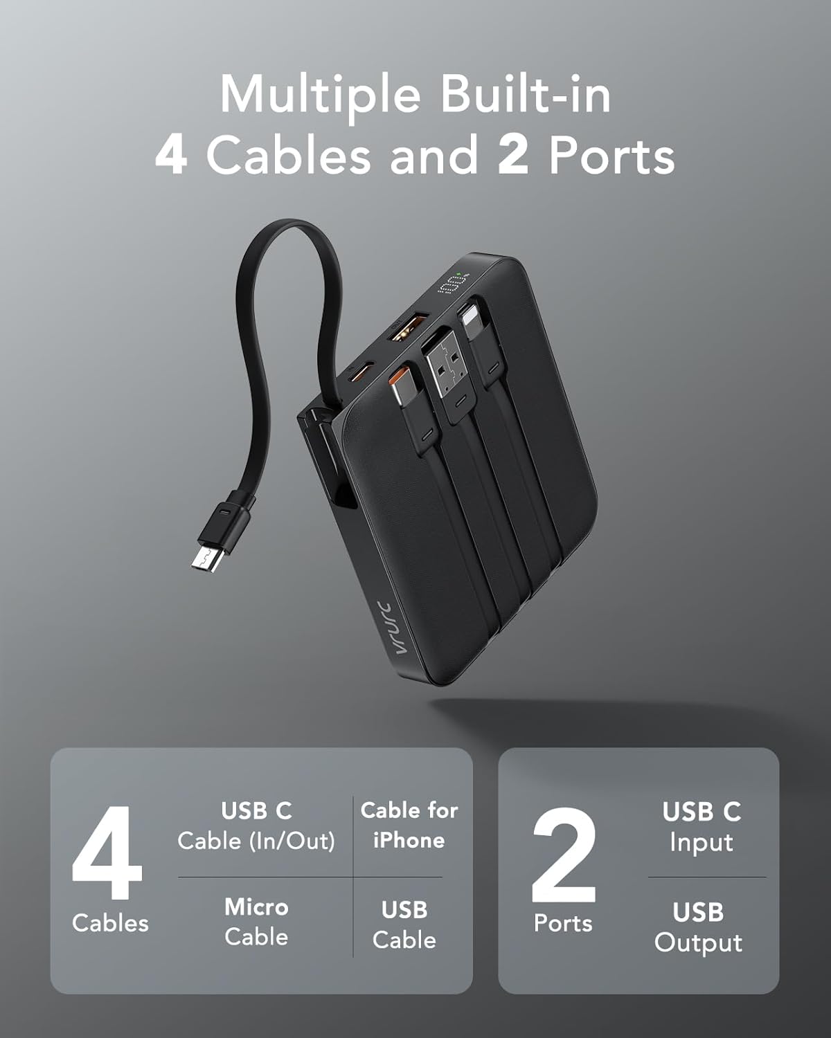 VRURC Portable Charger with Built-in Cable, 10000mAh 22.5W Fast Charging USB C Battery Pack, Cell Phone Power Bank for iPhone 16 15 14 Samsung Galaxy S25 S24 S23 Series Android Tablet, Black(1 Pack)