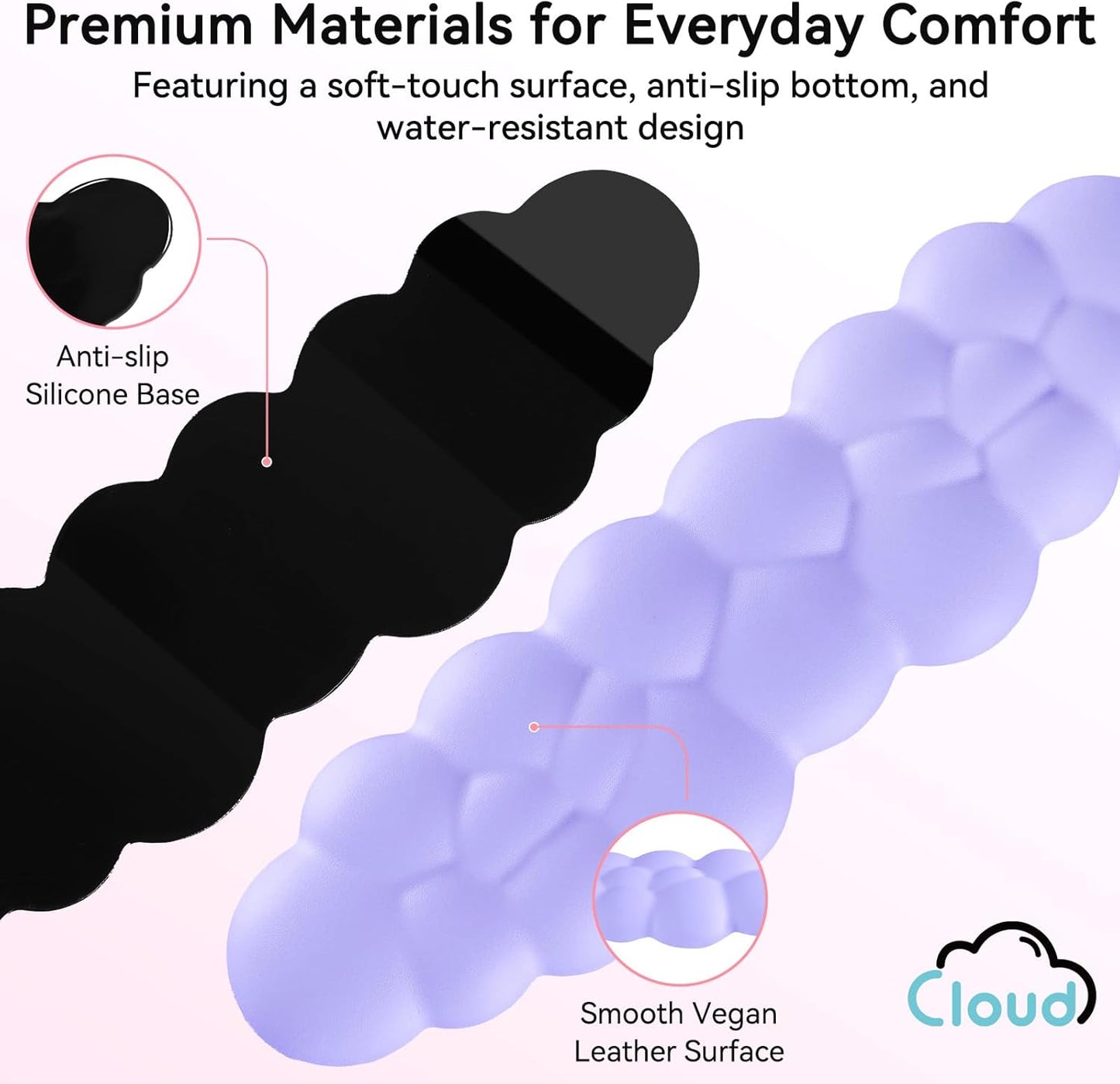 Cloud Wrist Rest for Computer Keyboard, 4-in-1 Memory Foam Leather Cloud Keyboard Wrist Rest and Mouse Pad Set with Ergonomic Support for Arm and Palm Cushion, Gaming/Work Setup, Purple