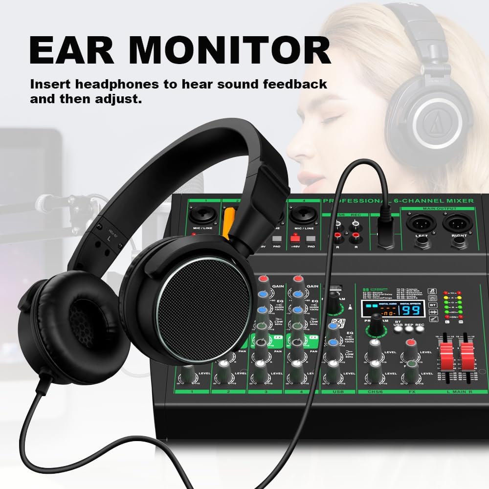 MW-6 black 6-Channel Professional DJ Audio Mixer Portable Controller Mixer with DSP 99 Preset Effects for Live Streaming, Podcasting, Home Party