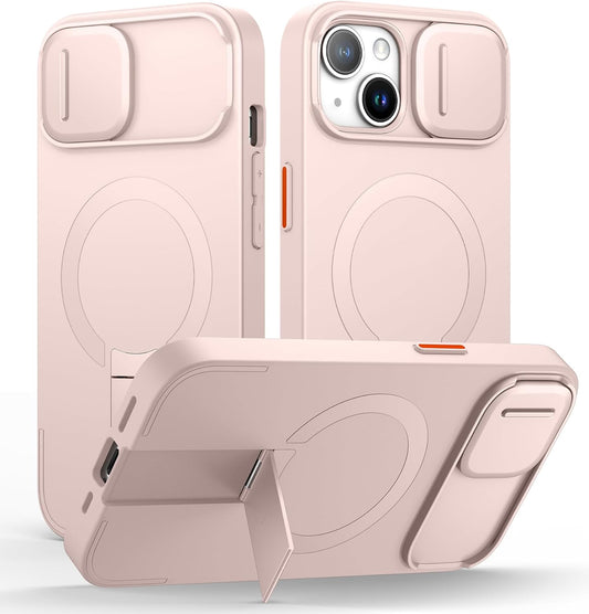 SURITCH for iPhone 13/14 Case with Magnetic Camera Slide Cover and Adjustable Kickstand, Compatible with MagSafe, Shockproof Bumper Case Slim Protective Cover for iPhone 13/14 6.1 Inch, Pink