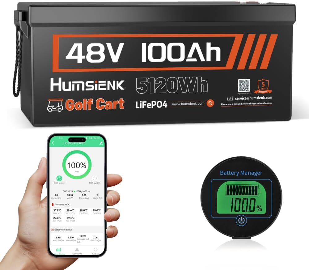 48V 100Ah Lithium Golf Cart Battery Group 8D with Bluetooth, Built-in 200A BMS 15000+ Deep Cycle LiFePO4 Battery with Low-Temp Protection for Golf Carts, RV, Off-Grid, Trailers & Marine