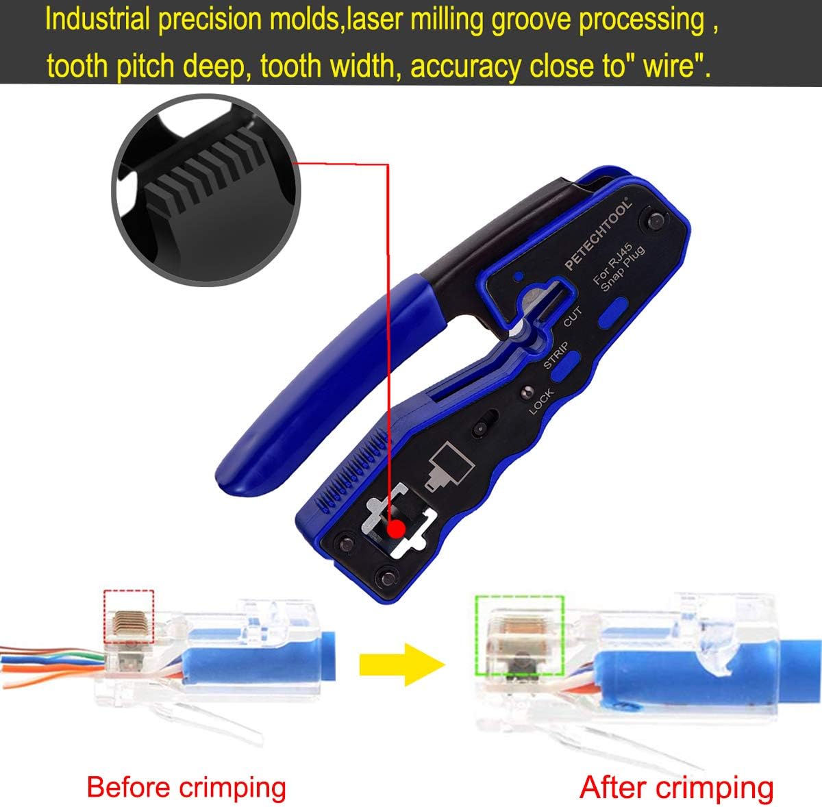 RJ45 Crimp Tool for Cat6 Cat5e Cat5 Pass Through Connectors,All-in-one EZ Crimping Tool Full Set with Cat6 Connectors and Boots, Cable Ties, Cable Tester, Cable Scissors and Stripper