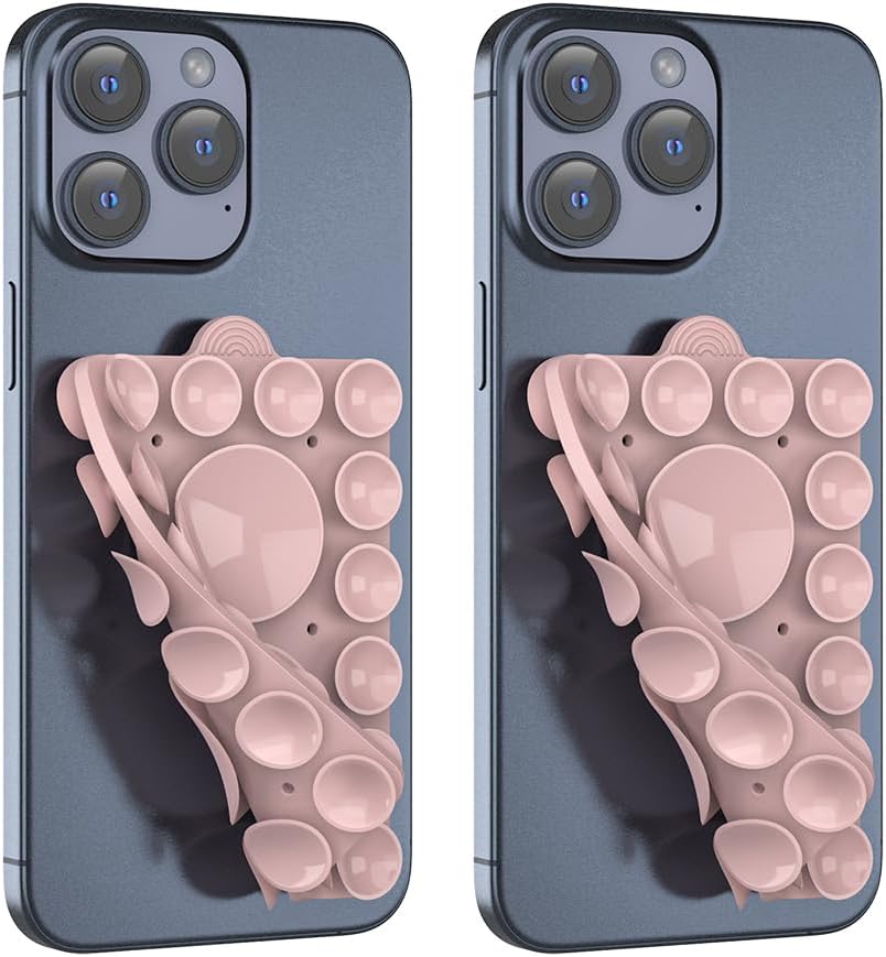 Double Sided Silicone Suction Phone Holder Mount,Compatible with iPhone and Android Cases Hands-Free Mirror Shower Phone Mount Strong Grip Holder (Light Pink, Double Sided 2PCS)