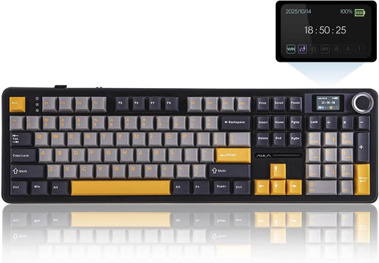 EPOMAKER X Aula F108 PRO Wireless Gaming Keyboard with Screen, 8000mAh Battery, 104 Hot-Swappable and Programmable Keys and Knob, RGB Backlight, for Mac/PC/Android (Grey&Yellow)