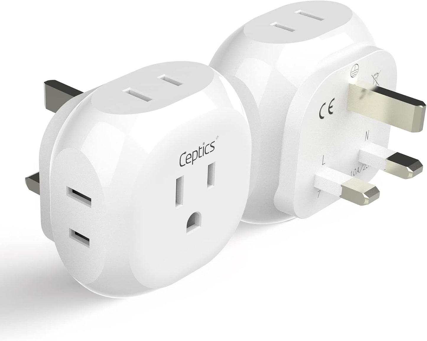 Ceptics US to UK Plug Adapter UK, Ireland Power Adapter Charger 4 Input - Ultra Compact - Light Weight - USA to Any Type G Countries Such as Hong Kong, England and More - 2 Pack (PT-7), White