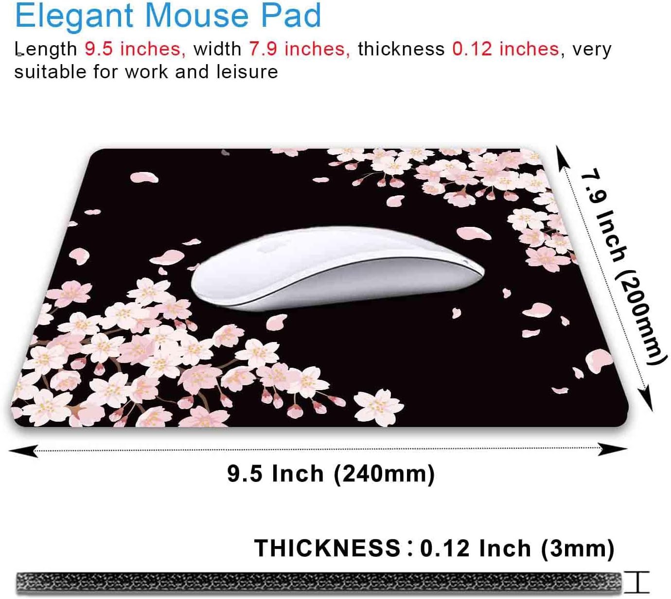 IMAYONDIA Cute Pink Flowers Mouse Pad, Cherry Blossom Mouse Pad, Serene Blossoms on Black Elegant Floral Mousepad, Japanese Minimalistic Mice pad for Computer Office Girl, 9.5 x 7.9 Inch