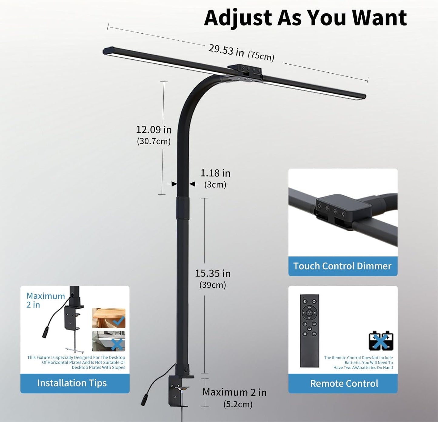 Full Spectrum LED Desk Lamp, Sun Lamp 15W Eye-Caring Table Light with CRI≥95, Flicker-Free, Low Blue Light, 2700K-6500K, Stepless Dimming, 360° Arm, Clamp Base for Office & Study