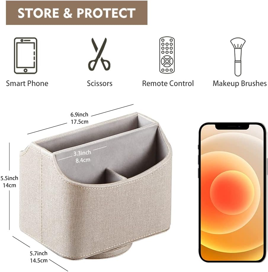 Fanousy 360° Rotating Remote Control Holder, PU Leather TV Remote Caddy Organizer Basket Storage Box with 5 Compartments for Pen, Pencil, Art Supplies, Makeup Brush, Office Desk Table Accessories