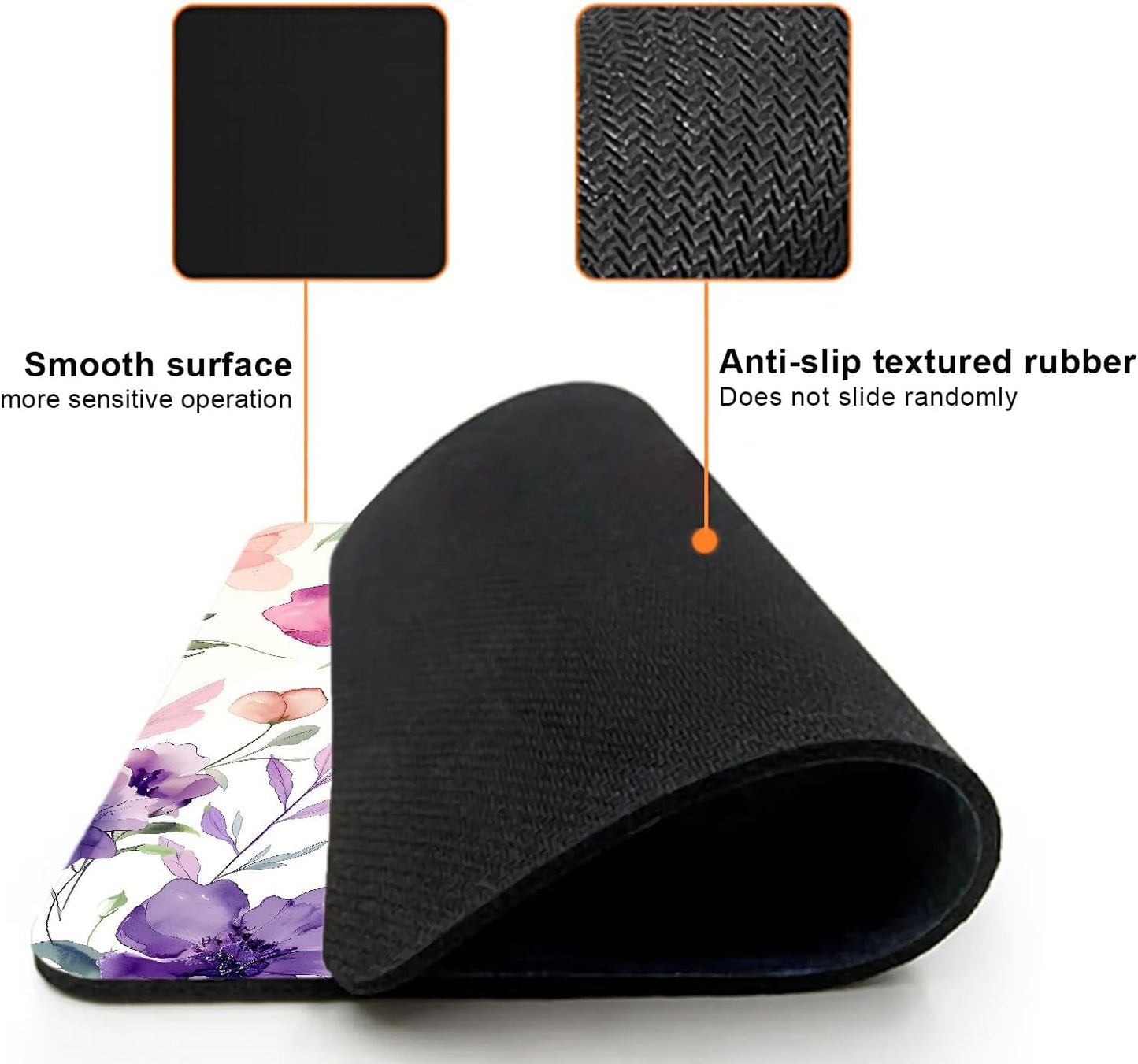 Mouse Pad, Cute Purple Watercolor Flowers Mouse Pads for Desk, 9.5" x 7.9" Non-Slip Rubber Base Computer Mousepad with Women, Portable Square Design for Wireless Mouse and Pad Laptop Office & Travel