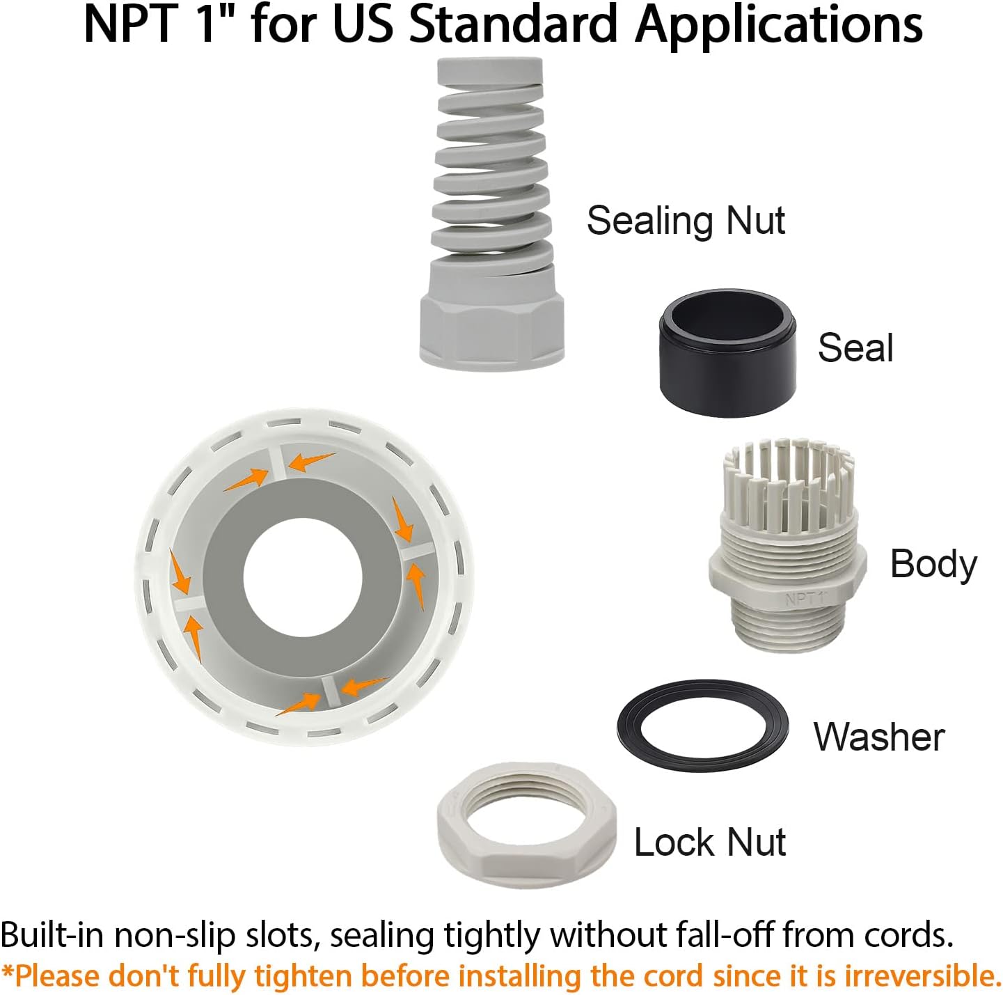 LeMotech 2Pcs NPT 1" IP68 Waterproof Cable Gland Flex Spiral Strain Relief Grey Nylon Joint with Gaskets for 18-25mm Wire Thread