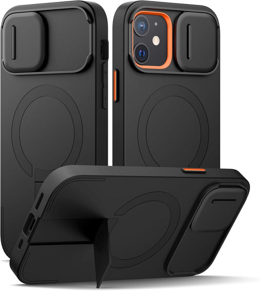 SURITCH for iPhone 12/12 Pro Case with Magnetic Camera Slide Cover and Adjustable Kickstand, Compatible with MagSafe, Shockproof Bumper Case Slim Protective Cover for iPhone 12/12 Pro 6.1 Inch, Black