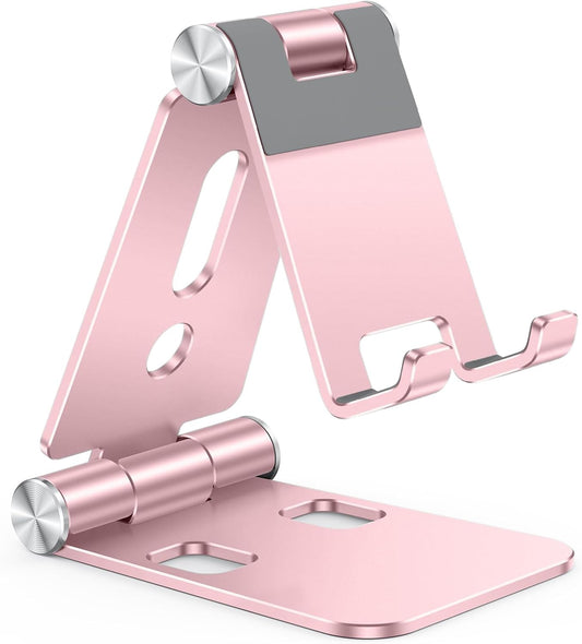 OMOTON Foldable Cell Phone Stand, C4 Portable Aluminum Phone Holder, Adjustable Phone Dock Cradle Compatible with iPhone 16/15/14/13 Pro Max, Samsung Galaxy, Small Tablets, All Smart Phones, Rose Gold