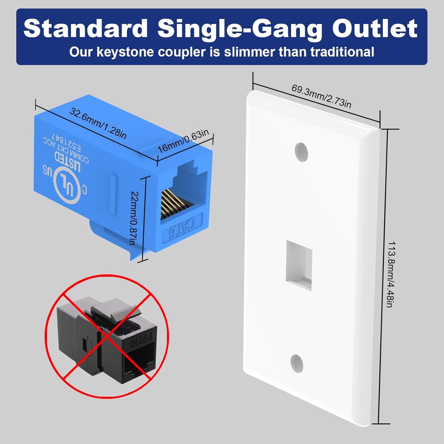 VCE 6-Pack Ethernet Wall Plate (UL-Listed), CAT6 RJ45 Wall Plate with Low Voltage Mounting Bracket 1 Gang, Blue