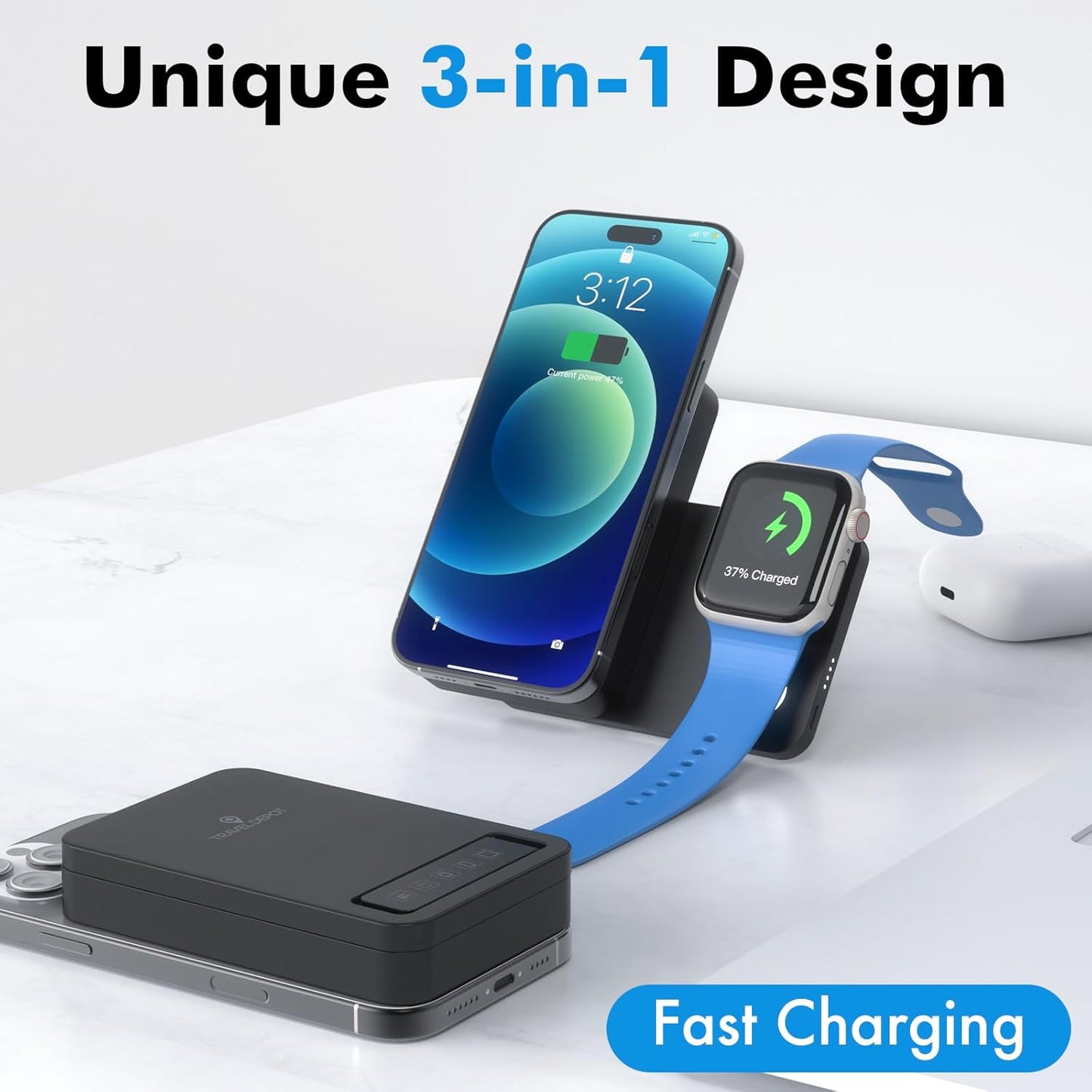 Magnetic Wireless Power Bank, 3-in-1 Portable Charger 10000mAh w/Kickstand, Battery Pack for MagSafe, Charging Station for iPhone 16/15/14/13, Apple Watch & AirPods, 15W Charger w/Stand