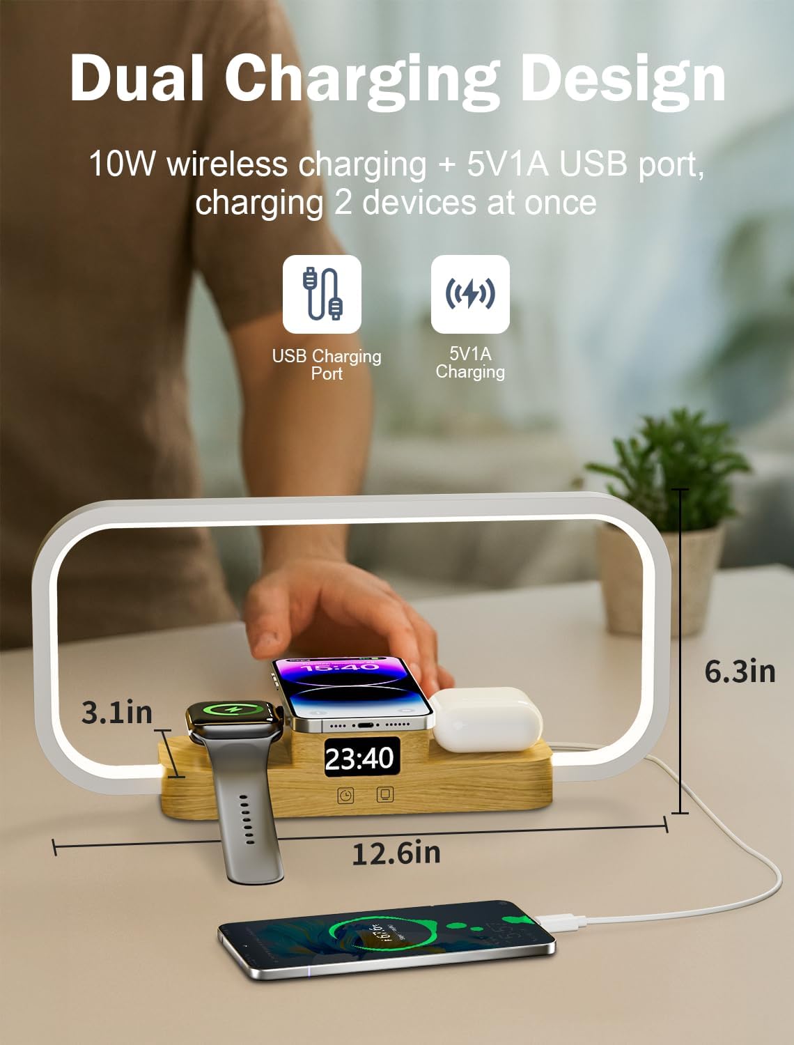 LED Bedside Lamp with Wireless Charger, 3 in 1 Touch Control Bedside Lamp, 5 Color Mode & Dimmable, Desk Lamps with Clock for Nightstand, Table Night Lamp for Bedroom, Gifts for Women, Men, Friends