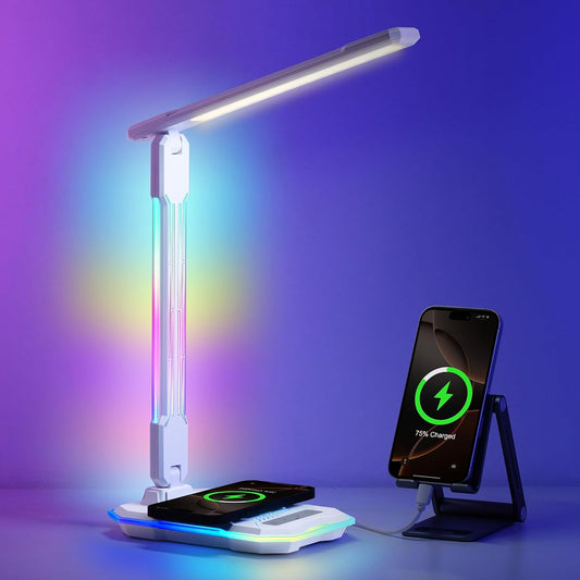 WILIT Desk Lamp for College Dorm Room,Sound Reactive RGB Lamp, Gamer Room Decor, Table Lamp with Wireless Charger&USB Charging Port,Touch Control Lamp,LED Reading Lamp for Home Office,Men Gifts