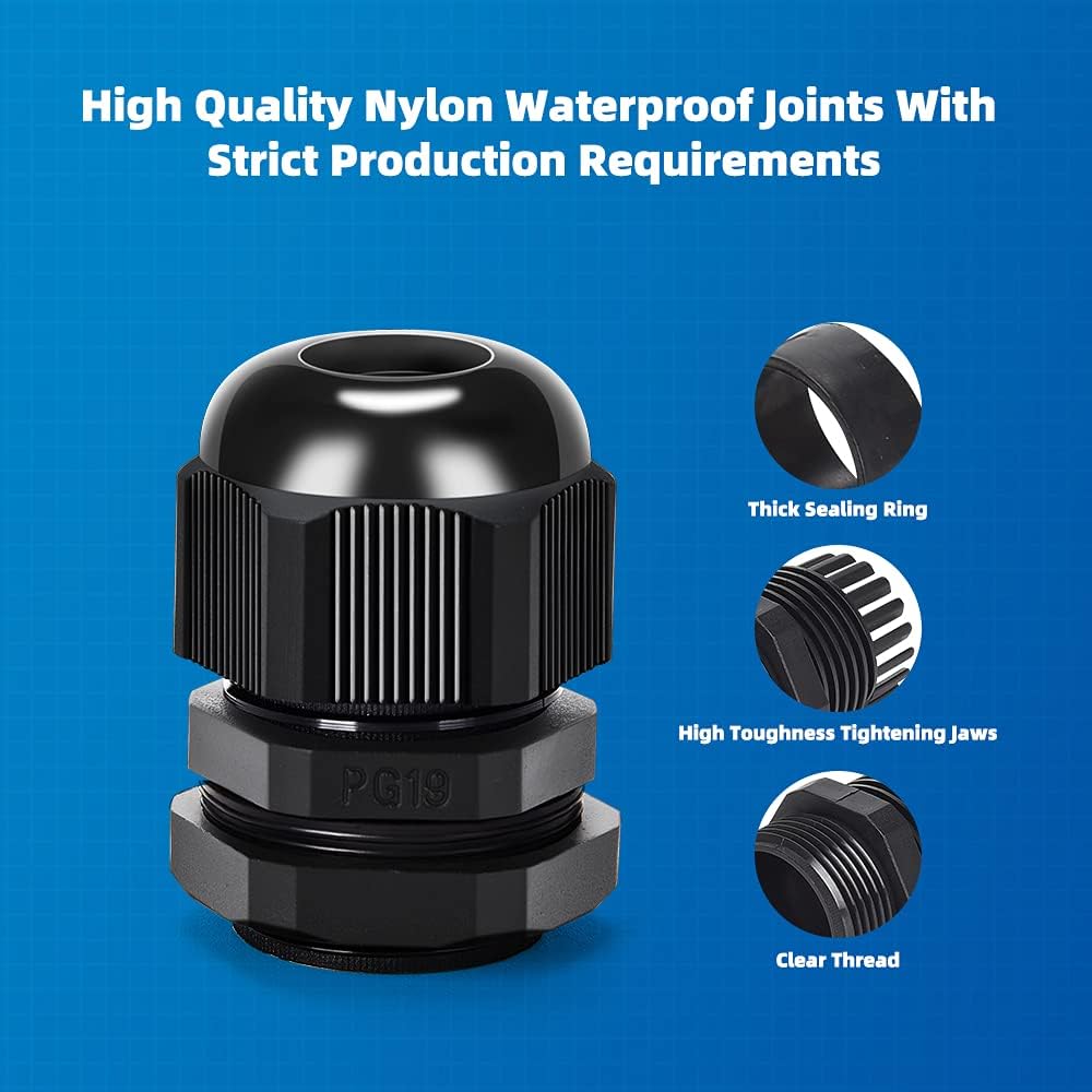 Nylon Cable Gland Kit, CGELE 50 Pack Plastic Waterproof Adjustable Connector 3-16mm Strain Relief Cord Connectors Joints Nylon with Gaskets PG7 PG9 PG11 PG13.5 PG16 PG19