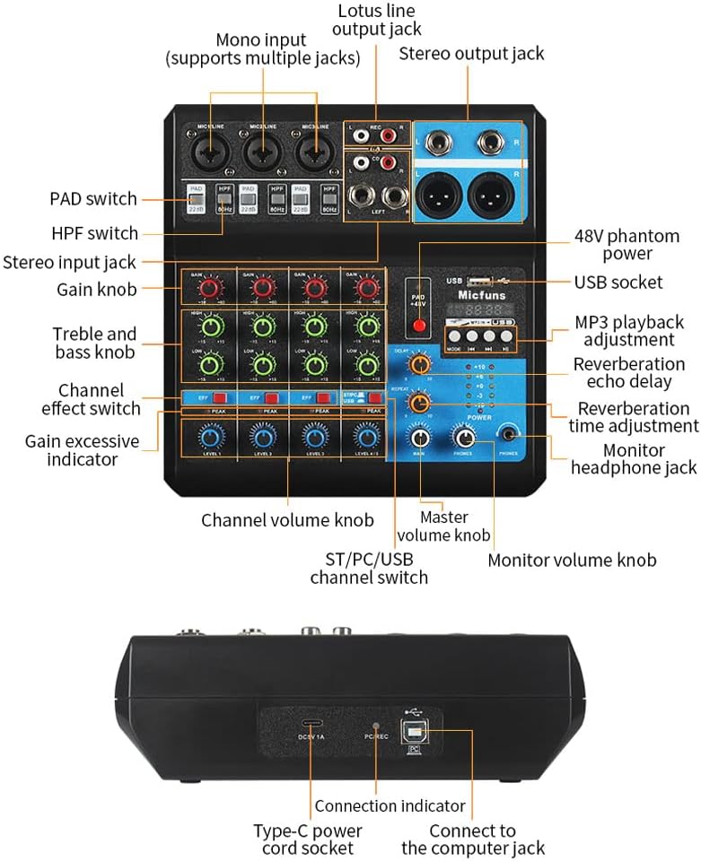 Mini audio DJ mixer Sound Board Console System,5 Channel 48V Phantom Power with Bluetooth USB MP3 Stereo live DJ Studio Streaming for professional recording party KTV stage