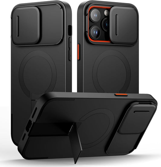 SURITCH for iPhone 14 Pro Max Case with Magnetic Camera Slide Cover and Adjustable Kickstand, Compatible with MagSafe, Shockproof Bumper Case Slim Protective Cover 6.7 Inch, Black