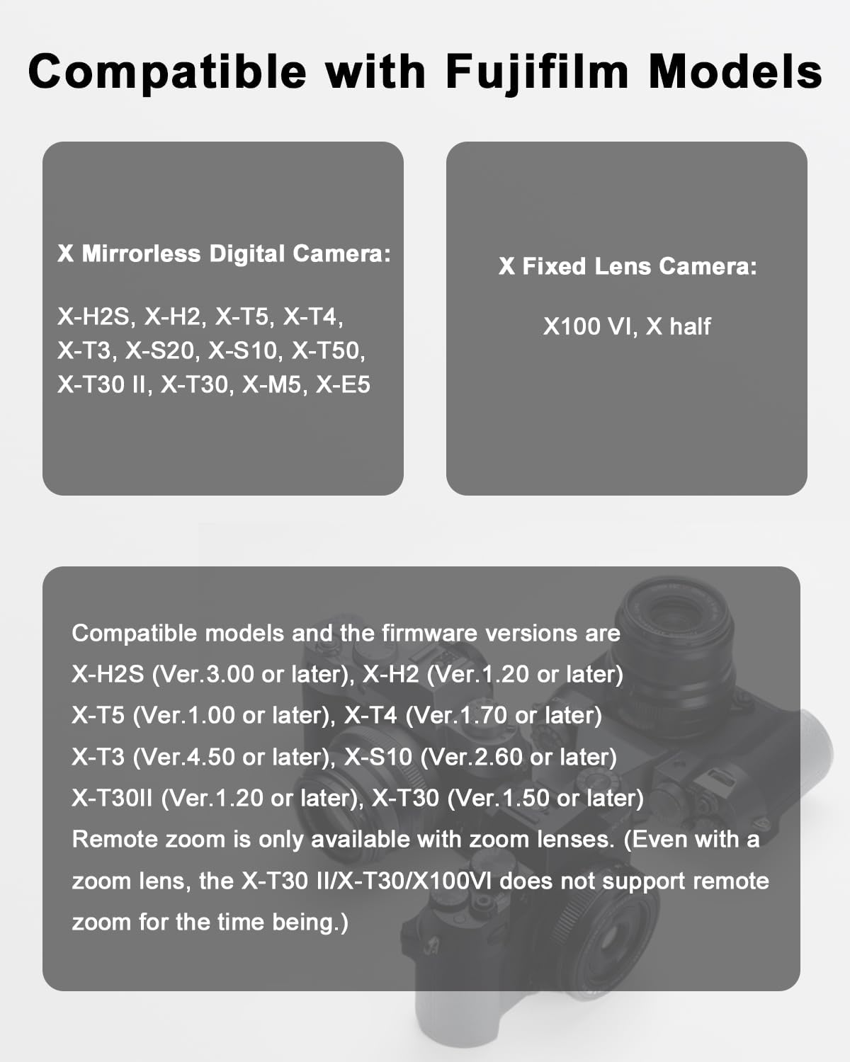 for Fujifilm Rechargeable Wireless Remote Control - Camera Remote Shutter Release with Zoom Focus Compatible with Fujifilm X100 VI/X-M5/X-T5/X-T50/X half/X-S20/X-H2S/X-H2/X-T4/X-T3/X-T30 II/X-M5