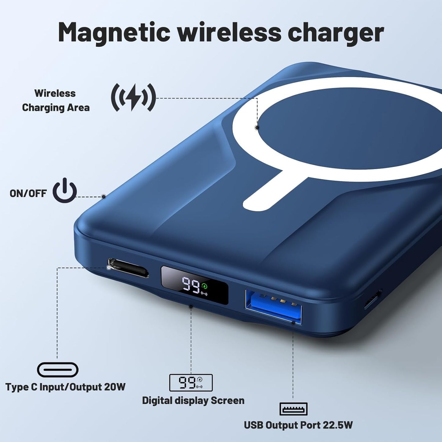 Azmuth Wireless Portable Charger with Stand, Slim 10000mAh Magnetic Power Bank for Magsafe, 22.5W Fast Charging Battery Pack with Digital Display Compatible with iPhone 16/15/14/13/12 Series