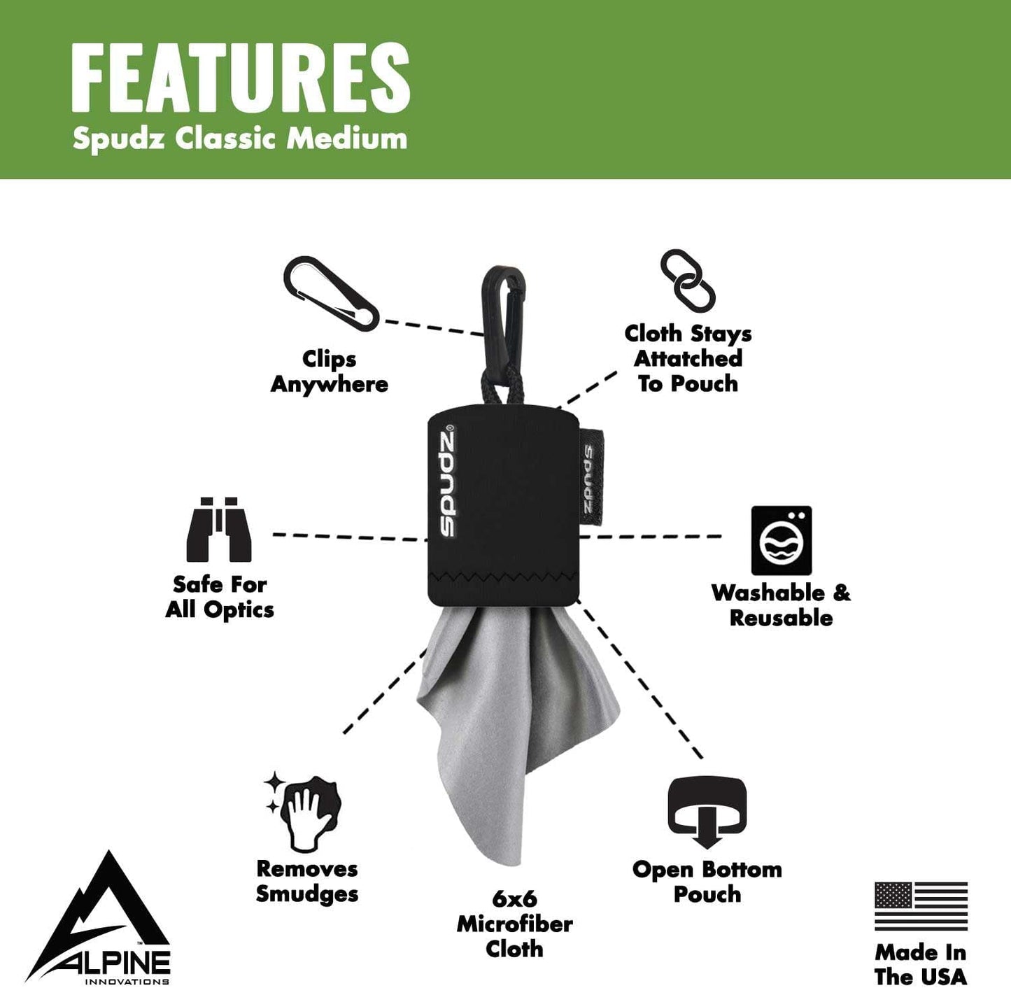 SPUDZ Classic Microfiber Lens Cleaner – Clip-On Pouch, Washable – for Binoculars, Scopes, Glasses, Screens | G10, 6 x 6 Inch (3-Pack)