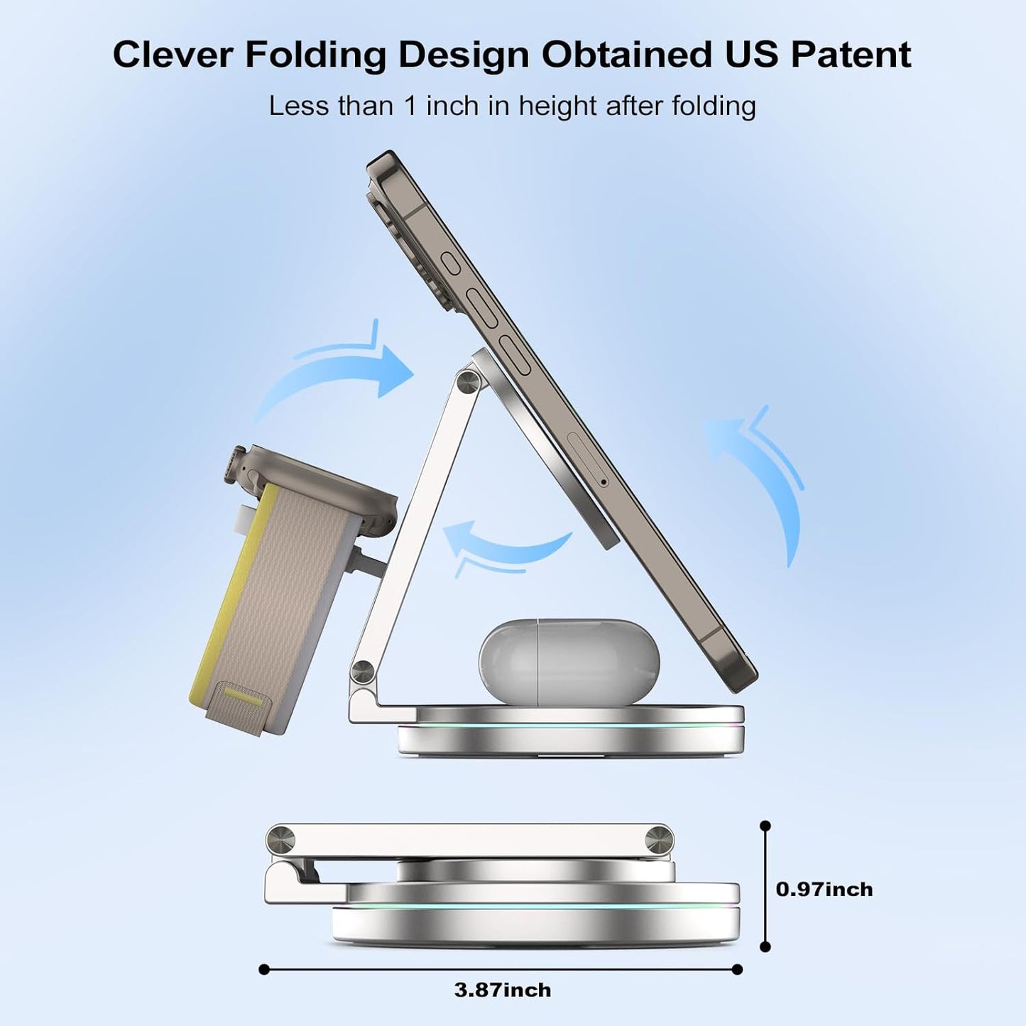 Foldable 360º Rotatable Zinc Alloy 3-in-1 Magnetic Wireless Charger,3 in 1 Charging Station,Charging Stand,15W for iPhone 12-16,5W for Apple Watches, AirPods (Adapter Included) (Gray)