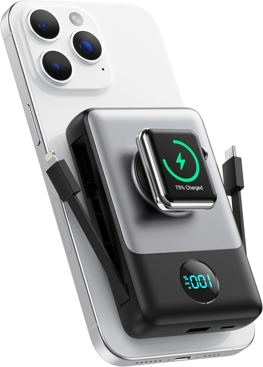 Magnetic Portable Charger 10800mAh for iPhone with Built-in Cables, 6-in-1 Wireless Power Bank with iWatch Charger, LCD Display 25W PD Fast Charging Battery Pack for iPhone 16/15/14/13/12, Apple Watch
