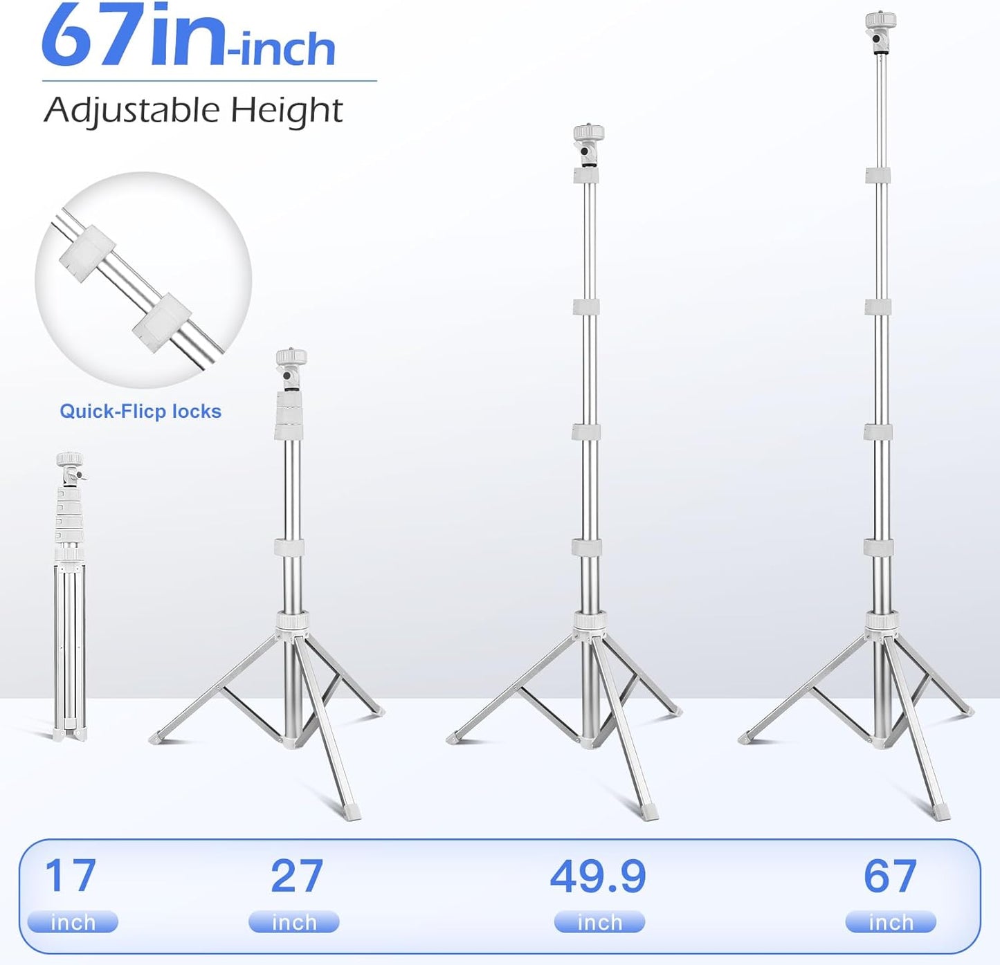 Sensyne 67" Phone Tripod & Selfie Stick, Extendable iPhone Tripod Stand with Wireless Remote and Phone Holder, Compatible with Cell Phone, Camera (Silver)