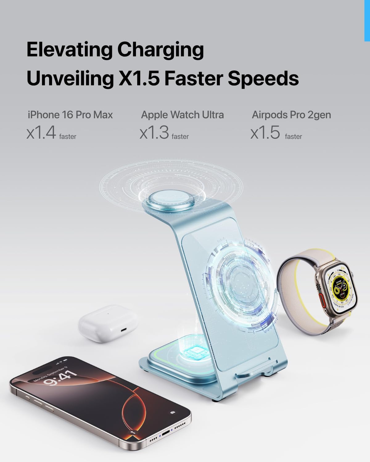 Intoval 3 in 1 Wireless Charging Station for iPhone 16 15 14 13 12 11 X Pro Max, Wireless Charger for Apple Watch Ultra 3 SE 9 8 7 6 5 4 3 2, for AirPods 4 Pro Pro 2 3 (Y93, Blue)