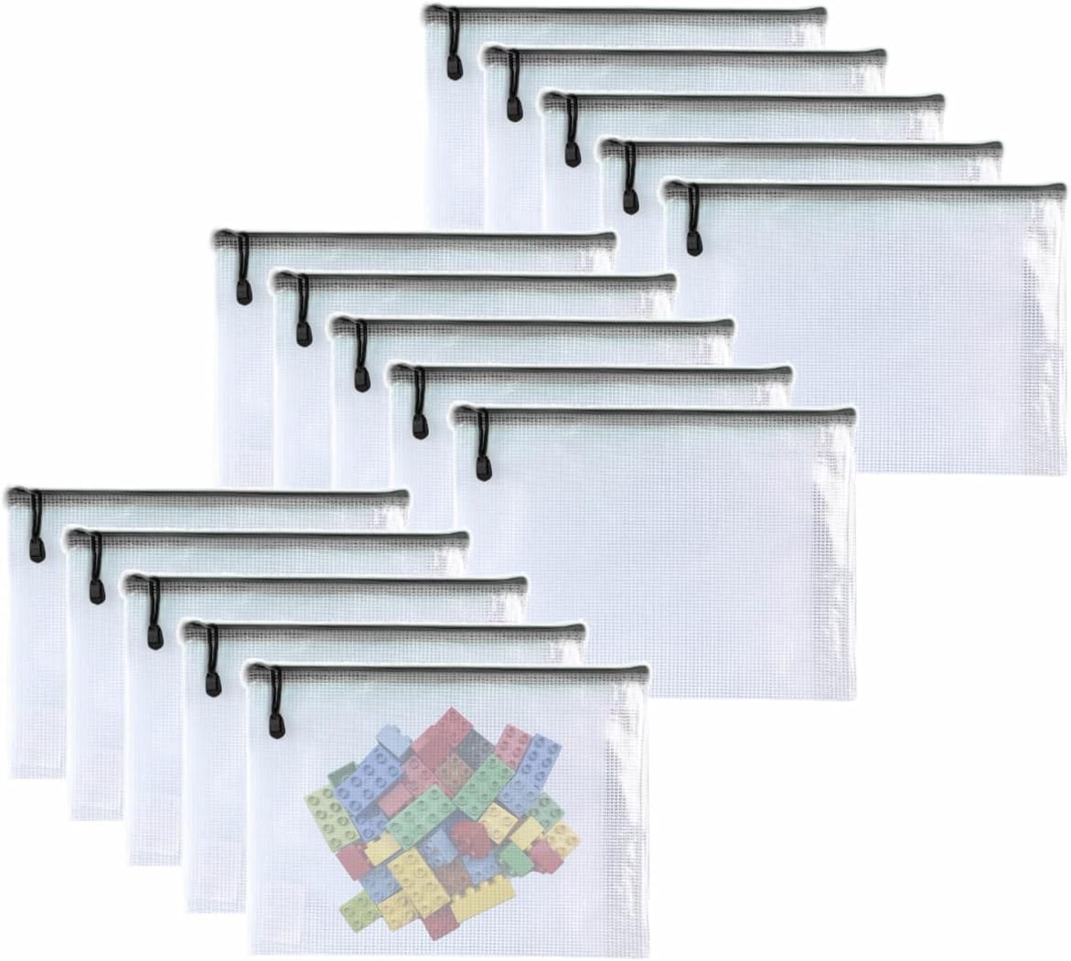 Oaimyy-8"x10"-15 Pcs-Plastic Mesh Zipper Pouch Document Folders Bag Zip File Bags for Office Supplies,Home,Travel Storages,Puzzle Board Games Storage,Organizing Classroom-(Black)