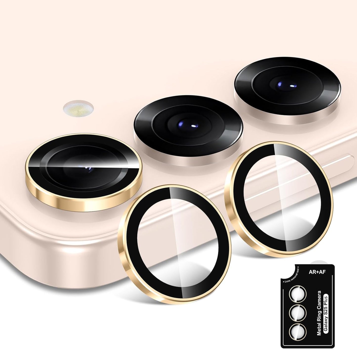 for Samsung Galaxy S25 Plus Camera Lens Protector, Individual Metal Ring Tempered Glass Lens Cover, [Strong Adsorption] Scratch Resistant Ultra-Thin HD Clear Lens Cover, 1 Set-Gold Ring
