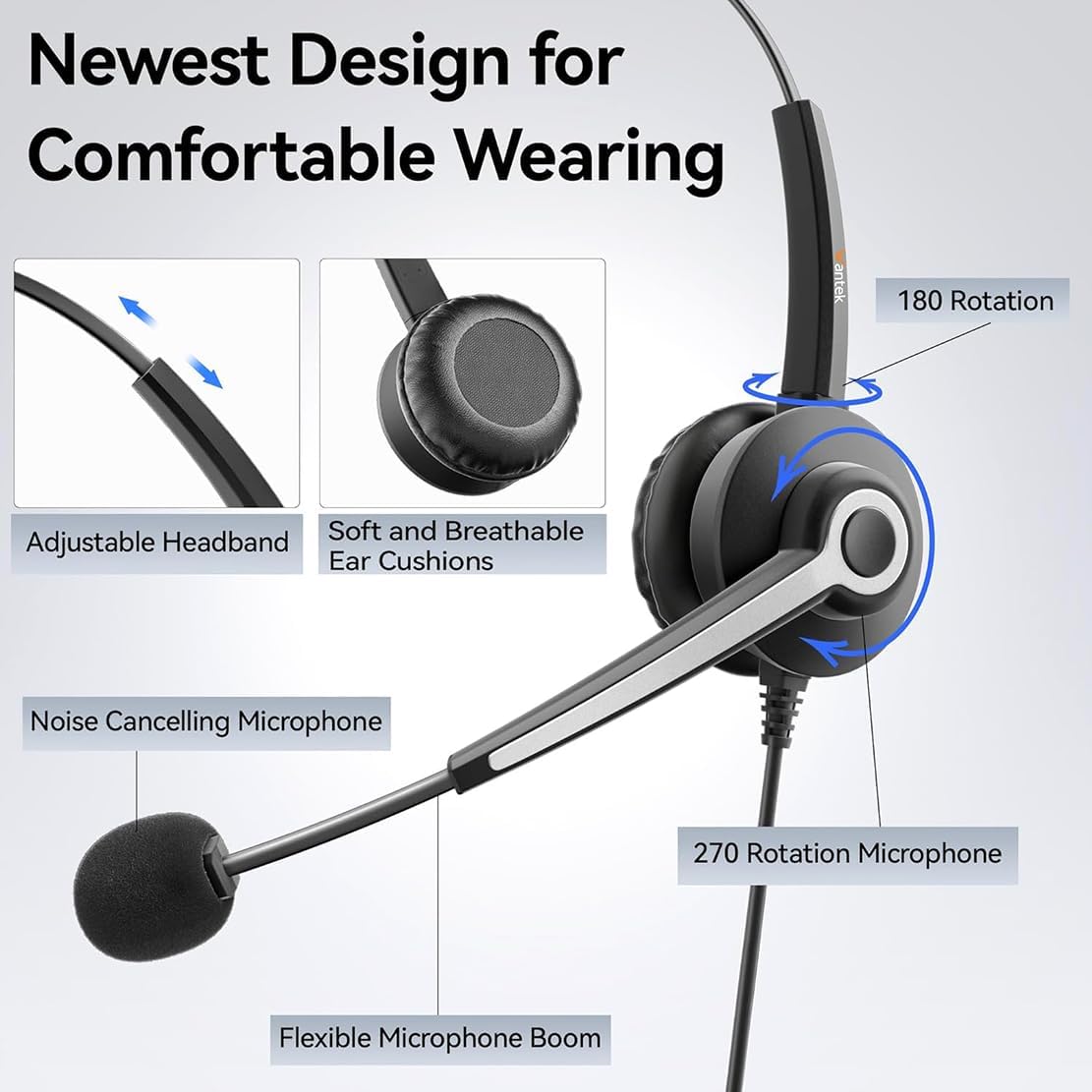 Wantek Headset with Microphone for PC Wired Headphones 3.5mm Headsets with Noise-Cancelling Microphone for Laptop - Computer Headphones with Mic in-line Control for Home