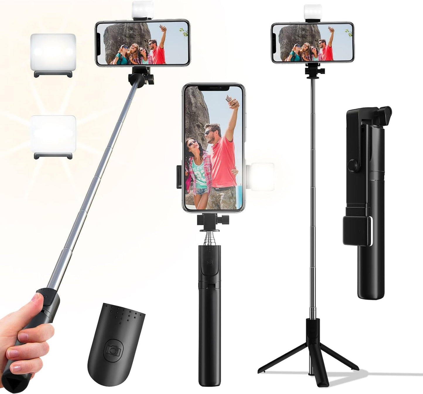 Selfie Stick, 40 in Retractable Phone Tripod with Wireless Remote Control & Light, Portable Selfie Stick Tripod for Photograph, Live Streaming, Video Recording, Compatible with All Cellphones