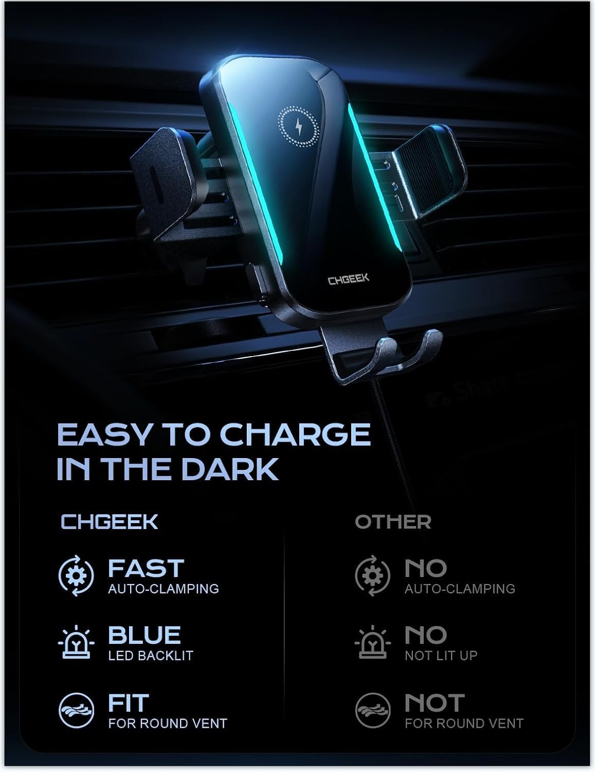 CHGeek Wireless Car Charger, 15W Fast Charging (Knight Black)